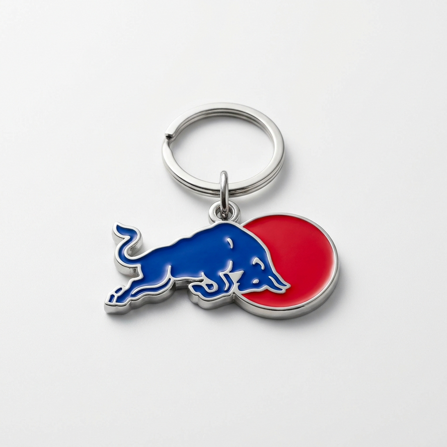 Red Bull-style winged bull logo keychain, blue and red