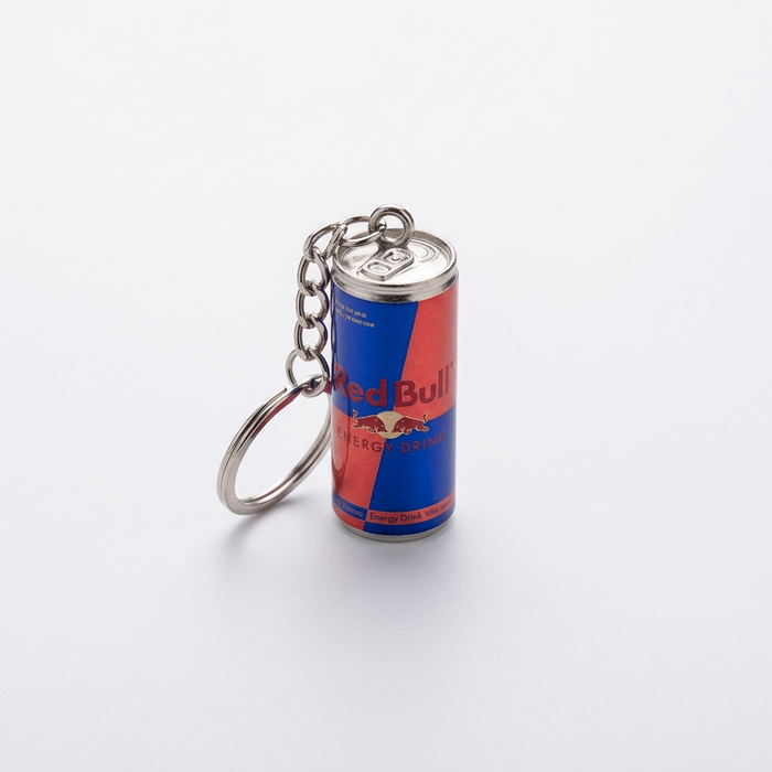 Mini can-shaped keychain charm, red and blue