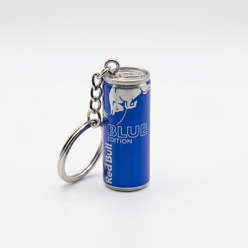 Mini can-shaped keychain charm, blue edition